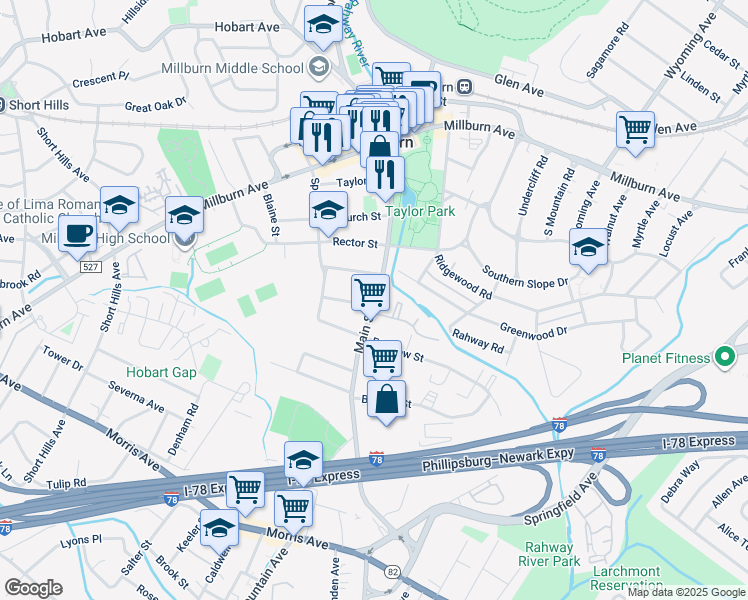 map of restaurants, bars, coffee shops, grocery stores, and more near 186 Main Street in Essex County