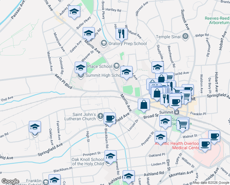 map of restaurants, bars, coffee shops, grocery stores, and more near 73 Kent Place Boulevard in Summit