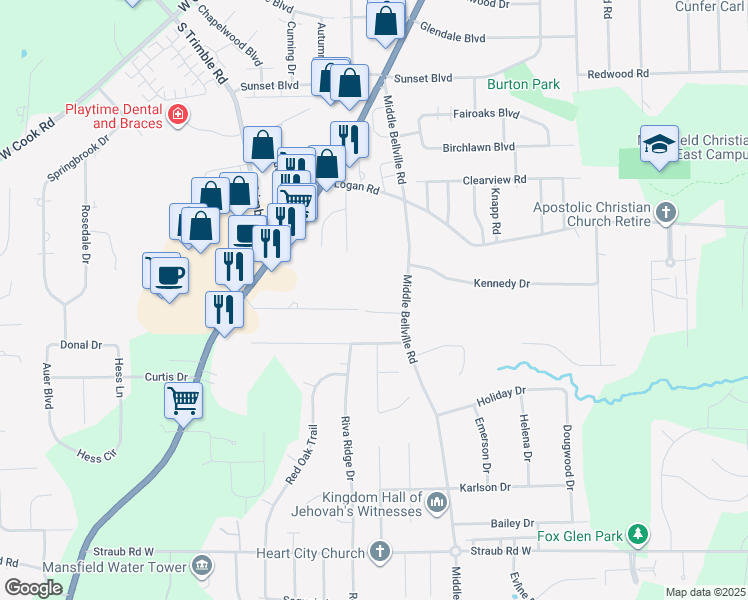 map of restaurants, bars, coffee shops, grocery stores, and more near 680 Betner Drive in Mansfield