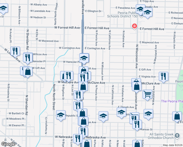 map of restaurants, bars, coffee shops, grocery stores, and more near 204 East Gift Avenue in Peoria