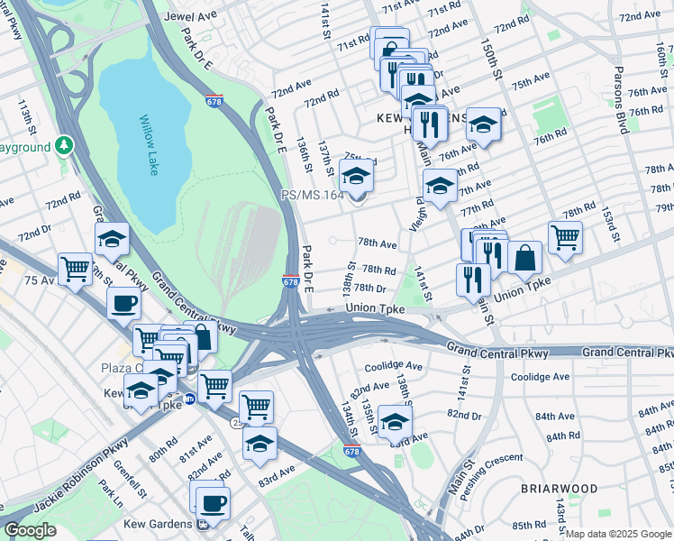 map of restaurants, bars, coffee shops, grocery stores, and more near 135-38 78th Road in Queens