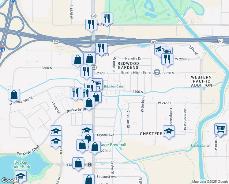 map of restaurants, bars, coffee shops, grocery stores, and more near 2402 Black Village Court in West Valley City