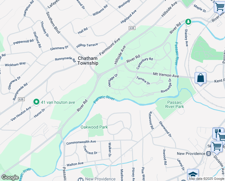 map of restaurants, bars, coffee shops, grocery stores, and more near 11 Heritage Drive in Chatham Township