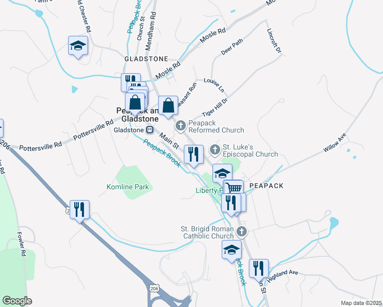 map of restaurants, bars, coffee shops, grocery stores, and more near 211 Main Street in Peapack and Gladstone