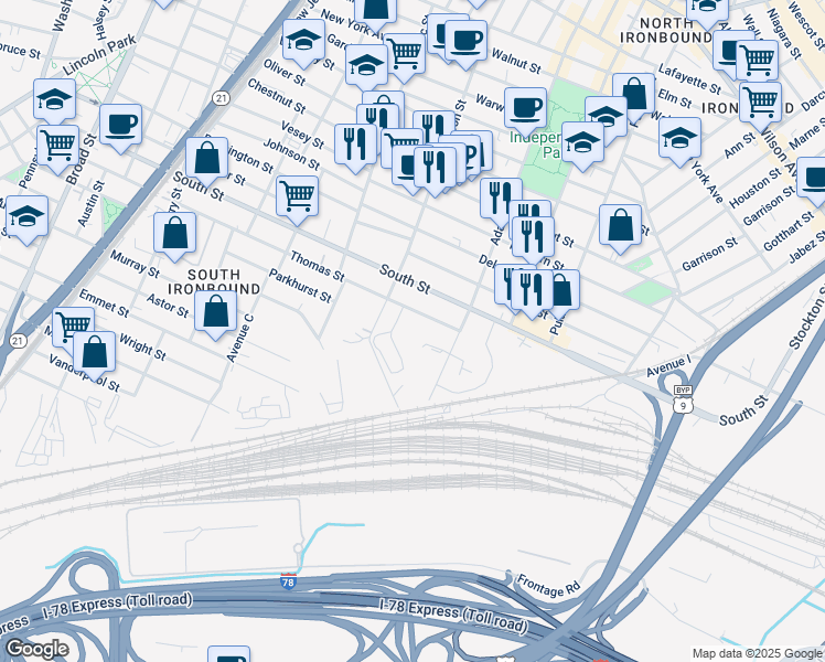 map of restaurants, bars, coffee shops, grocery stores, and more near 324-342 Thomas Street in Newark
