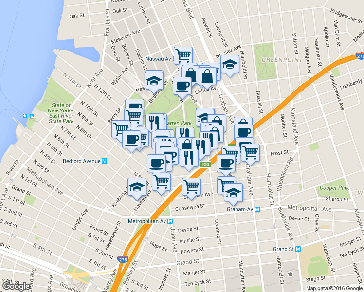 map of restaurants, bars, coffee shops, grocery stores, and more near 61 Bayard Street in Brooklyn