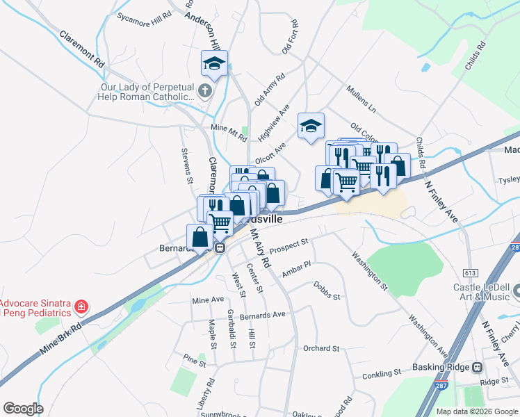 map of restaurants, bars, coffee shops, grocery stores, and more near 22 Morristown Road in Bernardsville