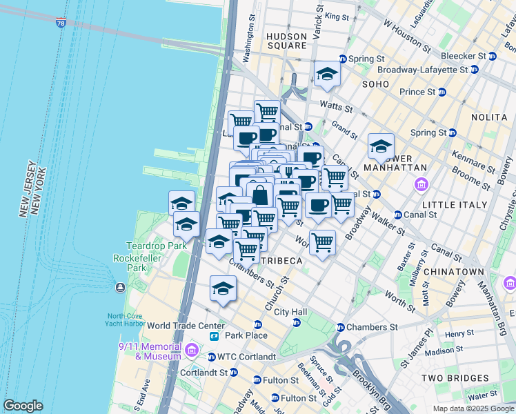 map of restaurants, bars, coffee shops, grocery stores, and more near 6 Harrison Street in New York