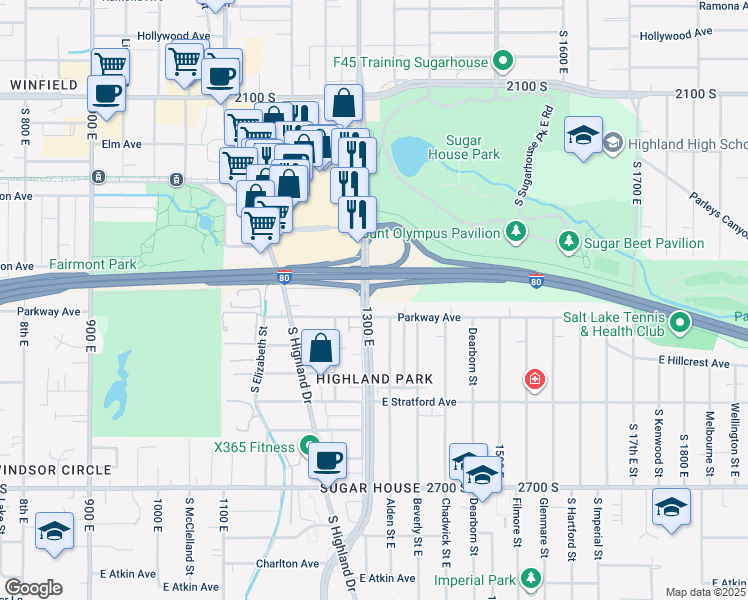 map of restaurants, bars, coffee shops, grocery stores, and more near 1307 Parkway Avenue South in Salt Lake City