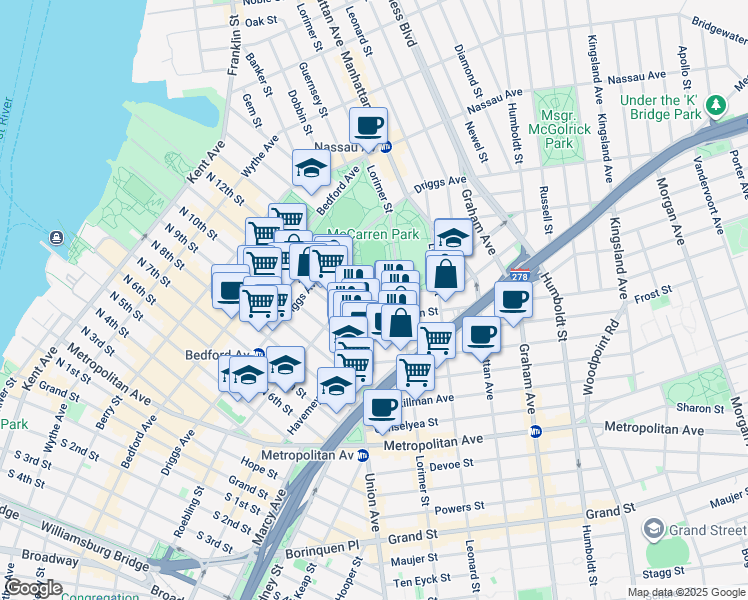 map of restaurants, bars, coffee shops, grocery stores, and more near Union Avenue in Brooklyn