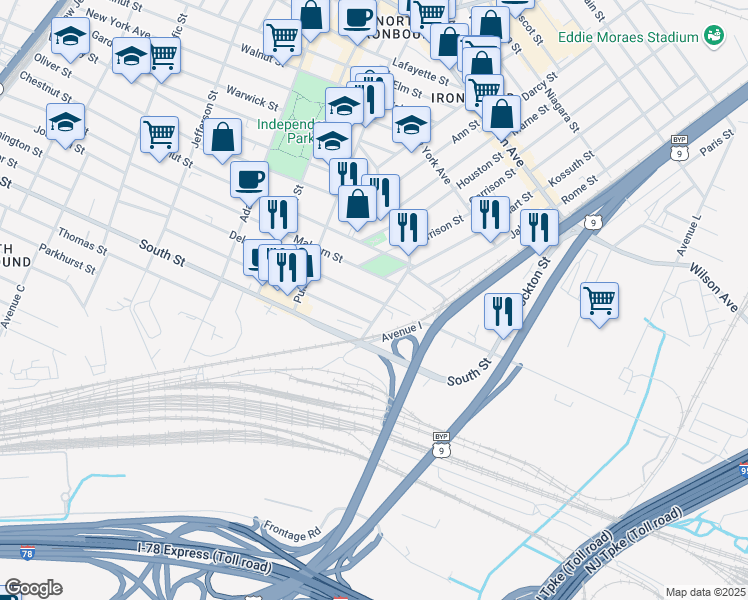 map of restaurants, bars, coffee shops, grocery stores, and more near 222 Delancy St in Newark