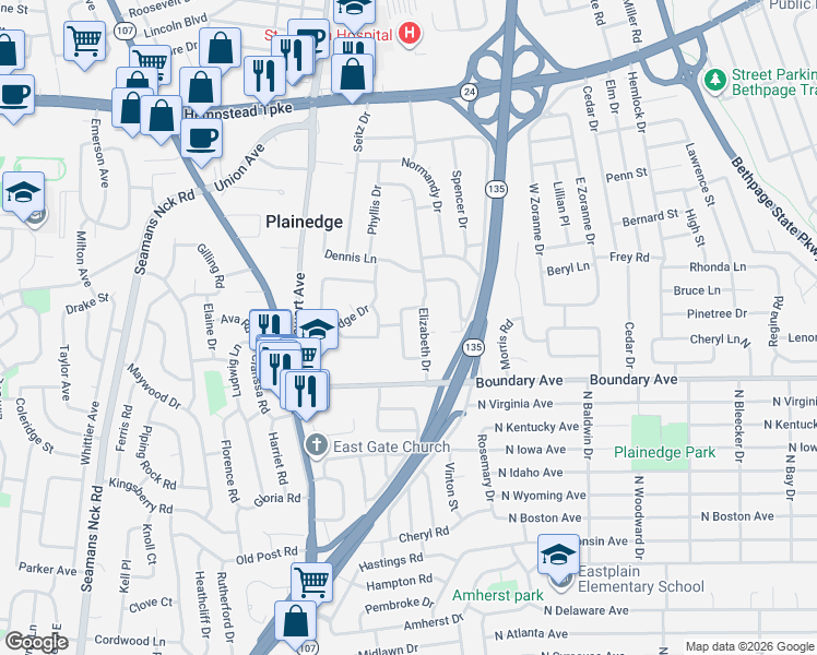 map of restaurants, bars, coffee shops, grocery stores, and more near 46 Marbourne Road in Bethpage