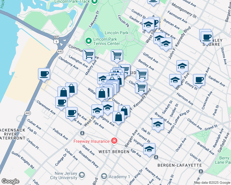 map of restaurants, bars, coffee shops, grocery stores, and more near 525 West Side Avenue in Jersey City