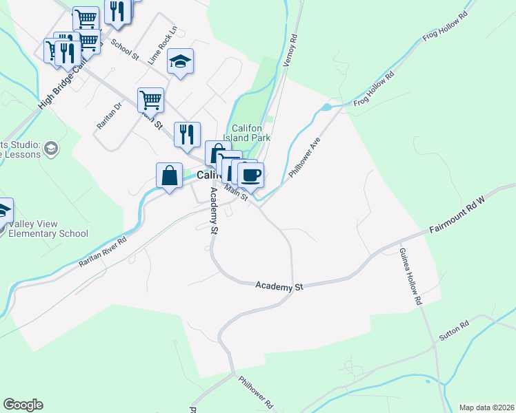 map of restaurants, bars, coffee shops, grocery stores, and more near 37 Main Street in Califon