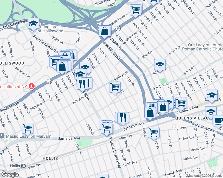 map of restaurants, bars, coffee shops, grocery stores, and more near 90-24 210th Street in Queens