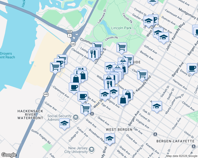 map of restaurants, bars, coffee shops, grocery stores, and more near 57 Williams Avenue in Jersey City