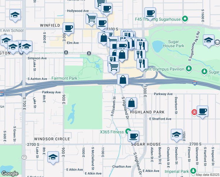 map of restaurants, bars, coffee shops, grocery stores, and more near 1140 Parkway Avenue in Salt Lake City
