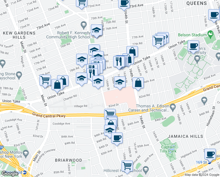map of restaurants, bars, coffee shops, grocery stores, and more near 159-05 Goethals Avenue in Queens