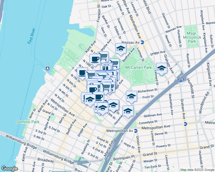 map of restaurants, bars, coffee shops, grocery stores, and more near 167 North 9th Street in Brooklyn