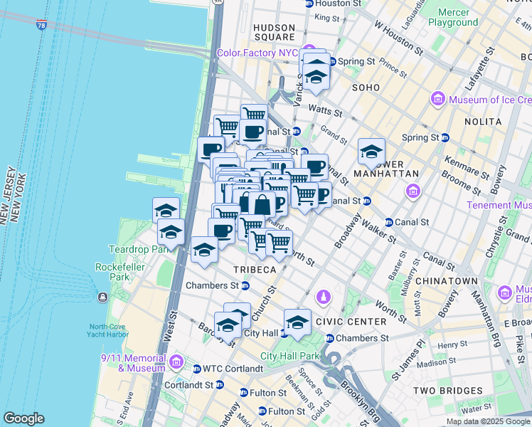 map of restaurants, bars, coffee shops, grocery stores, and more near 162 Franklin Street in New York
