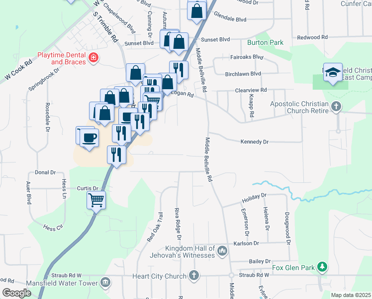 map of restaurants, bars, coffee shops, grocery stores, and more near 680 Betner Drive in Mansfield