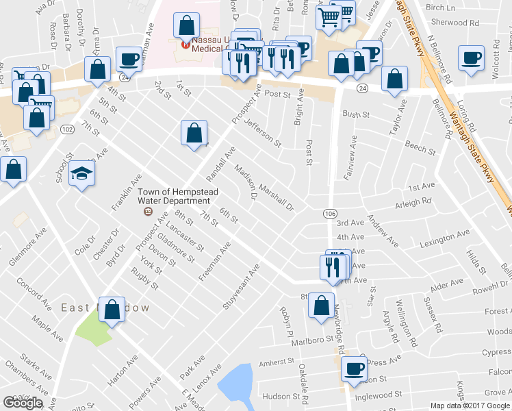 map of restaurants, bars, coffee shops, grocery stores, and more near 2436 Putnam Drive in East Meadow