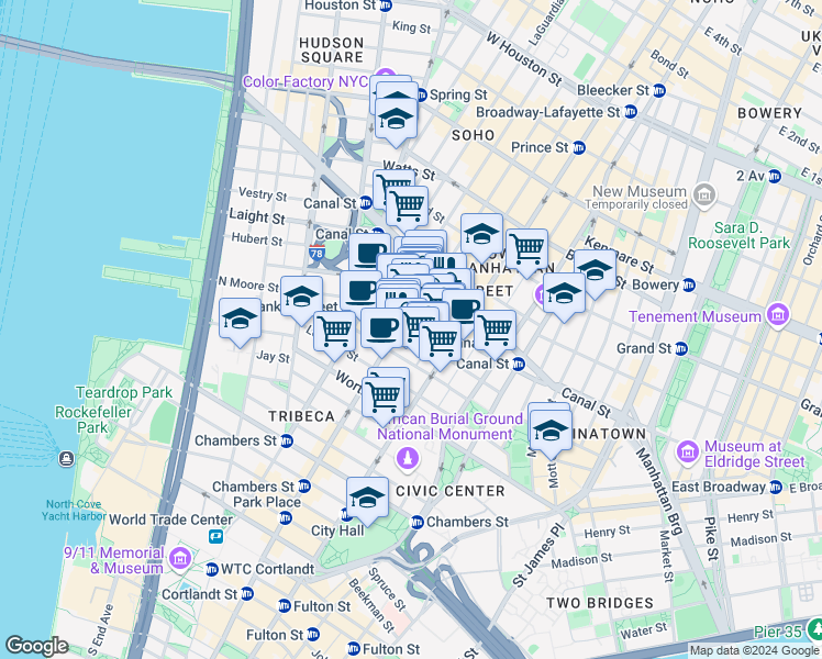 map of restaurants, bars, coffee shops, grocery stores, and more near 40 White Street in New York