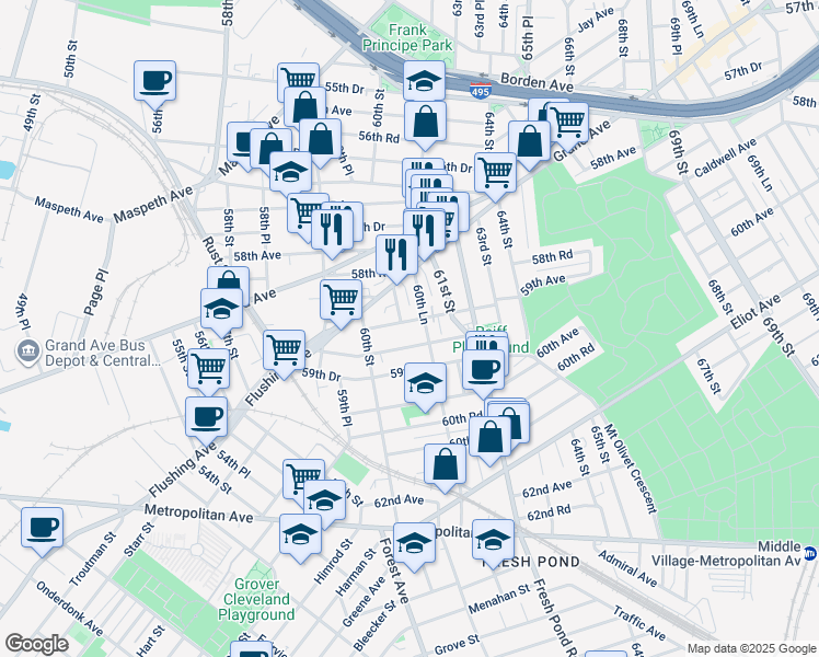 map of restaurants, bars, coffee shops, grocery stores, and more near 60-48 59th Avenue in Queens