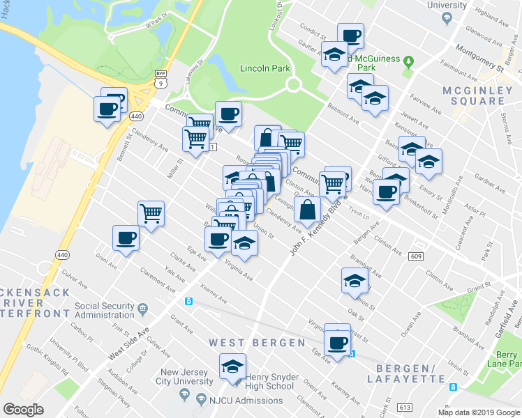 map of restaurants, bars, coffee shops, grocery stores, and more near 525 West Side Avenue in Jersey City