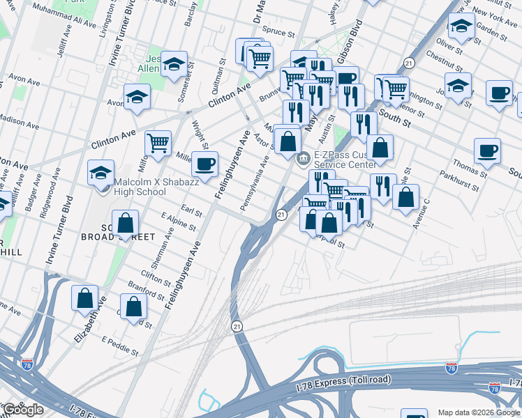 map of restaurants, bars, coffee shops, grocery stores, and more near 111-131 Vanderpool Street in Newark
