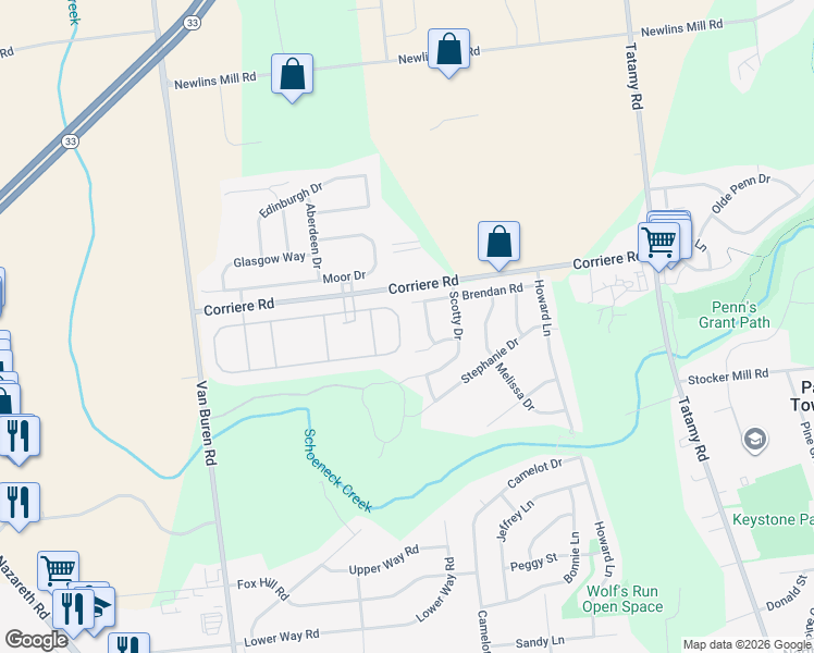 map of restaurants, bars, coffee shops, grocery stores, and more near 64 Glenmoor Circle North in Easton