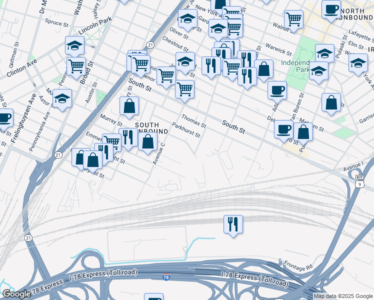map of restaurants, bars, coffee shops, grocery stores, and more near 275 Pacific Street in Newark