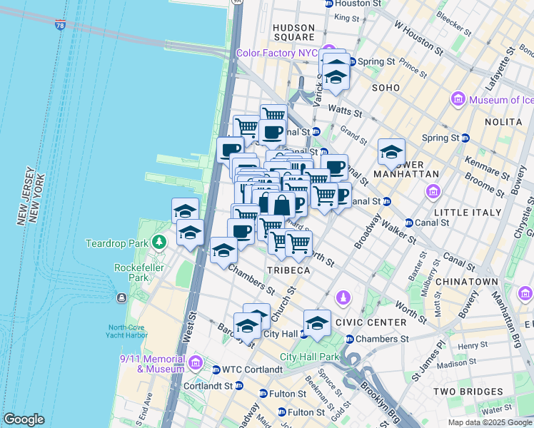 map of restaurants, bars, coffee shops, grocery stores, and more near 95 Hudson Street in New York