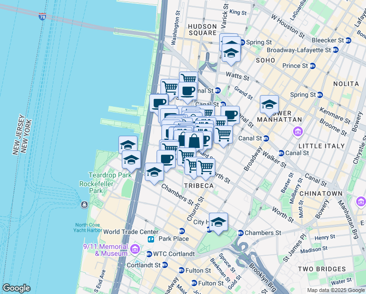 map of restaurants, bars, coffee shops, grocery stores, and more near 6 Harrison Street in New York