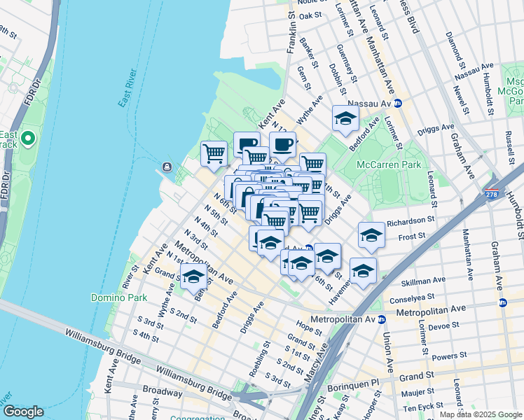map of restaurants, bars, coffee shops, grocery stores, and more near 116 Berry Street in Brooklyn