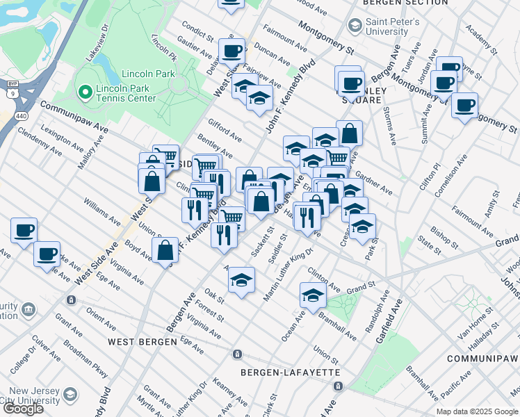 map of restaurants, bars, coffee shops, grocery stores, and more near in Jersey City