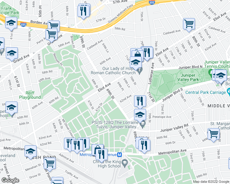 map of restaurants, bars, coffee shops, grocery stores, and more near 69-18 61st Road in Queens