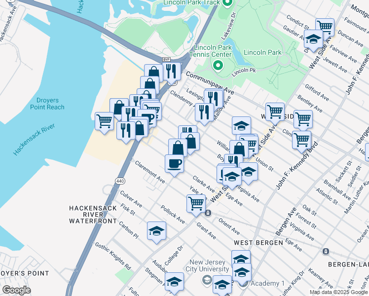map of restaurants, bars, coffee shops, grocery stores, and more near 367 Virginia Avenue in Jersey City