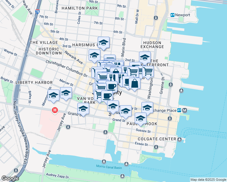 map of restaurants, bars, coffee shops, grocery stores, and more near in Jersey City
