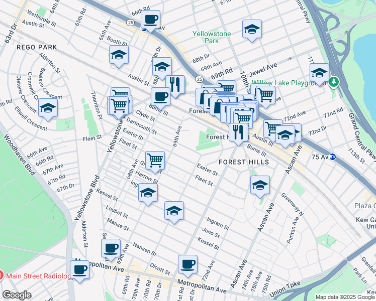 map of restaurants, bars, coffee shops, grocery stores, and more near 69-32 Dartmouth Street in Queens
