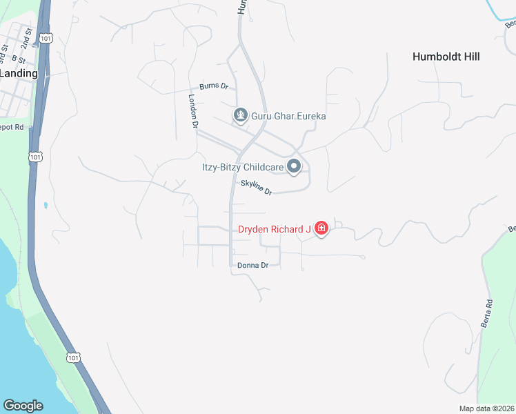map of restaurants, bars, coffee shops, grocery stores, and more near 2379 Austin Street in Eureka