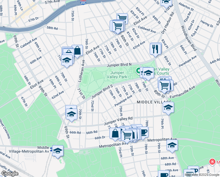 map of restaurants, bars, coffee shops, grocery stores, and more near 75-28 Juniper Boulevard South in Queens