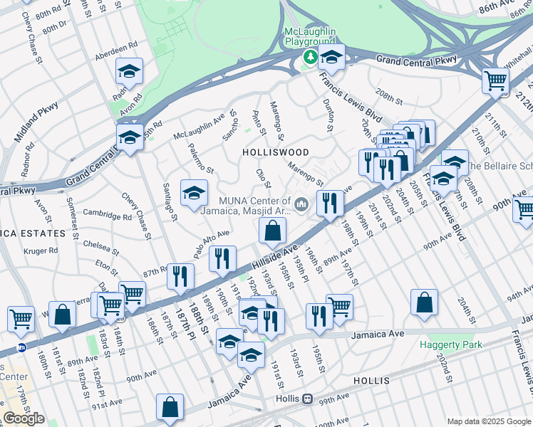 map of restaurants, bars, coffee shops, grocery stores, and more near 87-01 Clover Place in Queens