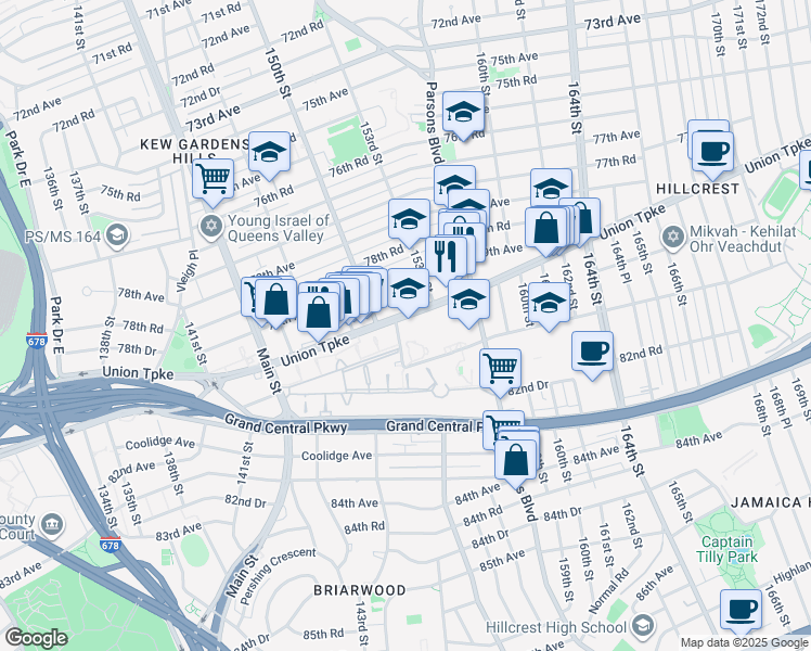 map of restaurants, bars, coffee shops, grocery stores, and more near 150-28 Union Turnpike in Queens