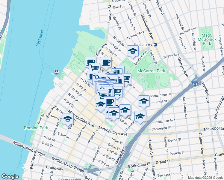 map of restaurants, bars, coffee shops, grocery stores, and more near 141 North 8th Street in Brooklyn