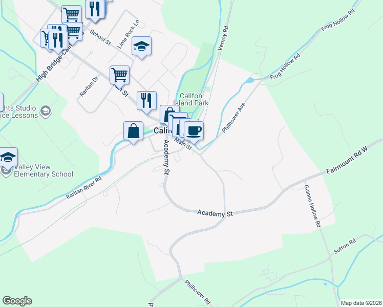 map of restaurants, bars, coffee shops, grocery stores, and more near 37 Main Street in Califon