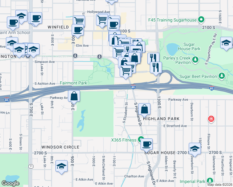 map of restaurants, bars, coffee shops, grocery stores, and more near 2420 South Highland Drive in Salt Lake City