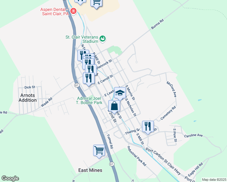 map of restaurants, bars, coffee shops, grocery stores, and more near 201 East Lawton Street in Saint Clair