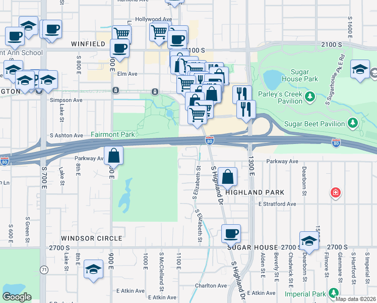 map of restaurants, bars, coffee shops, grocery stores, and more near 2420 South Highland Drive in Salt Lake City