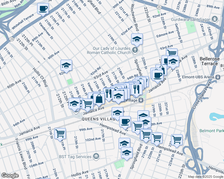 map of restaurants, bars, coffee shops, grocery stores, and more near 94-02 216th Street in Queens